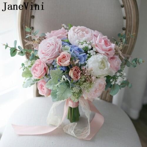 JaneVini New Style Pink Rose Peony Wedding Flowers Bridal Bouquets for Bride Artificial Blue Hydrangea Bouquet sztuczne bukiety
