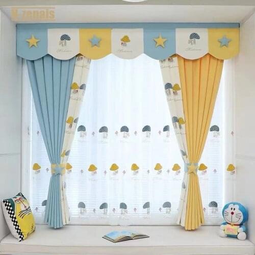 Custom Childrens Room Curtain for Girl and Boys Bedroom Cute Little Mushroom Tulle Left and Right Biparting Open