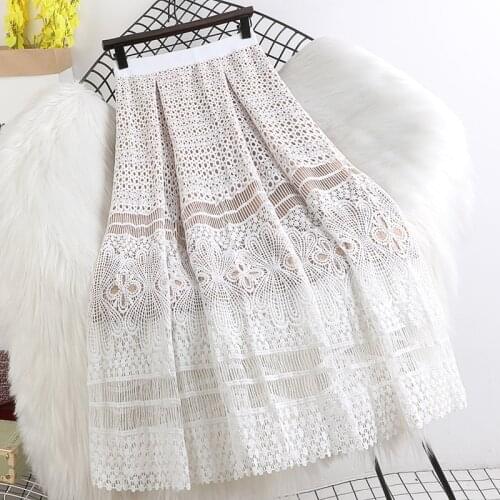 Spring/Summer 2021 New Elastic Waist Thinner Mid-Length Crochet Hollow Lace Large Skirt Female