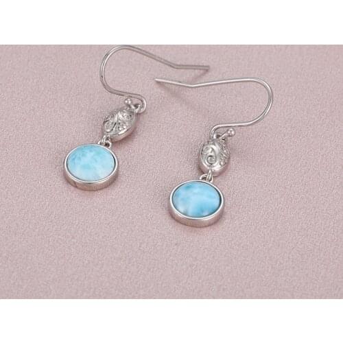 Natural Precious Larimar Earrings for Women Fashion Geometric Round Charm 925 Sterling Silver Jewelry Long Eardrop Gift Classic