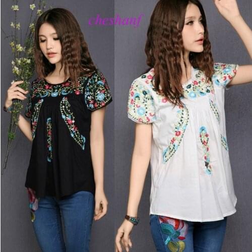 2021 Hot Sale Free Shipping vintage 70s SCALLOP mexican BOHO Ethnic Floral Embroidered Hippie blouses shorts women Tops Free Sz