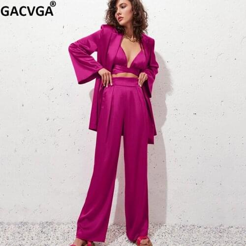 GACVGA Satin Women Jacket Blazer And Pants Suits Streetwear Ladies Two Piece Set 2021 Autumn Winter Office Elegant Suit Coat