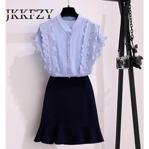 Summer Womens Fashion Set Short Sleeve V Neck Chiffon Blouse + Zipper Trumpetskirt Female Elegant Solid Color Office Suit