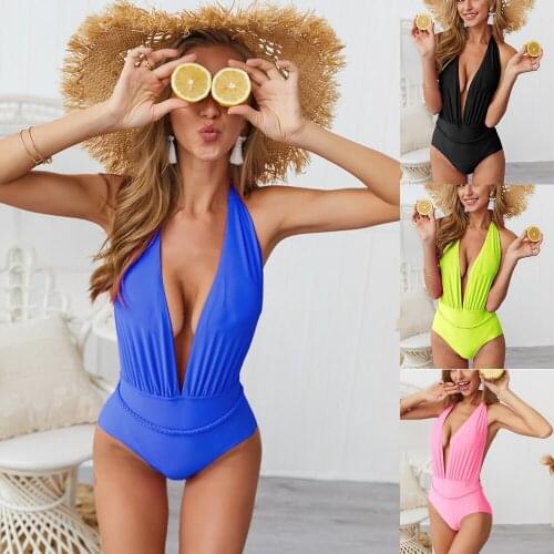 New one-piece swimsuit 2019 summer beach hanging neck bandage backless ladies swimsuit Sexy deep V-neck one-piece swimsuit