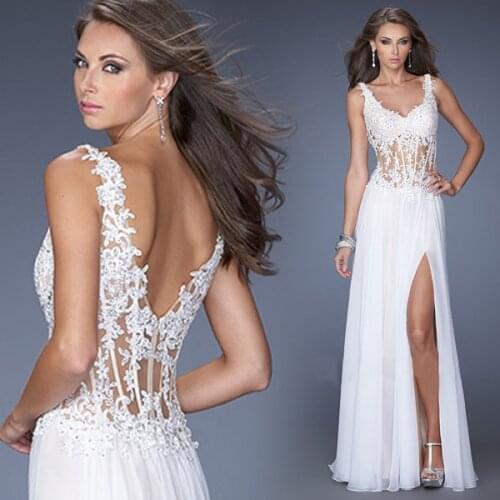 Sexy backless v-neck lace appliques white chiffon long robe de soiree vestido longo 2019 prom Formal gown bridesmaid dresses