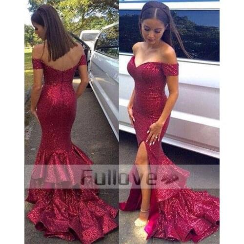 Fashion Mermaid Evening Dress Long 2019 Burgundy Sequined High Slit Cap Sleeve Formal Evening Dress Party Gowns Robe De Soiree