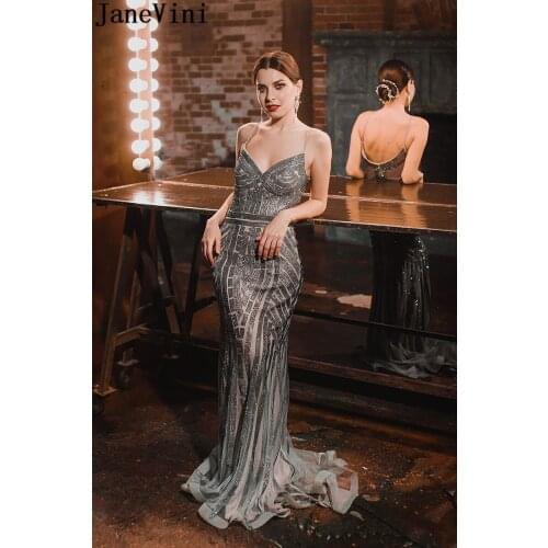 JaneVini Luxury Gray Mermaid Evening Dresses Spaghetti Straps Sparkle Heavy Beading Backless Tulle Long Dress Meerjungfrau Kleid