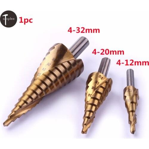 1PC HSS Titanium Plated Spiral Groove Step Drill Bit 4-12/4-20/4-32mm Stepped Drill For Metal Cone Triangle Shank Hole