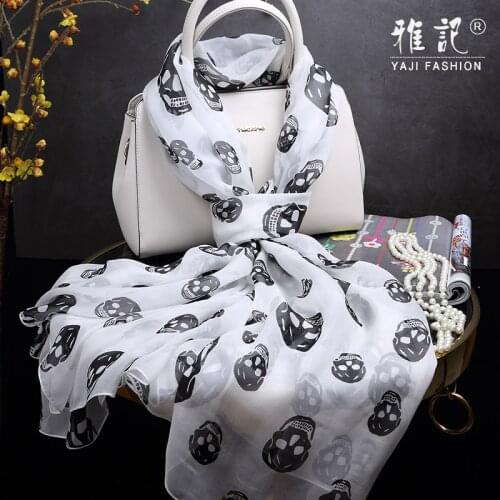 100% silk scarf shawl Hangzhou silk soft and elegant Black skull white silk scarf ladies long shawl spring autumn