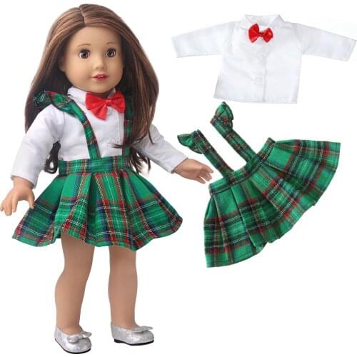 18 Inch American Doll Girls Dress Green Plaid School Uniform Skirt Suit Newborn Baby Toys Accessories Fit 43 Cm Boy Dolls c819