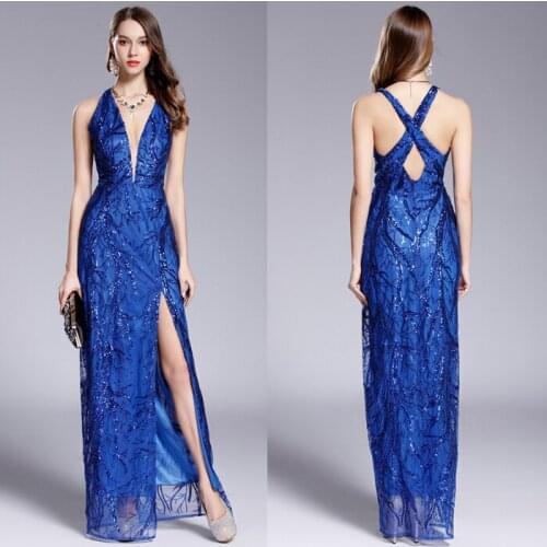 B0058 V-neck Sexy embroidery Sequin High slit Criss Cross Prom Maxi Ball Gown Women Blue Long Dresses Sleeveless Formal A-Line