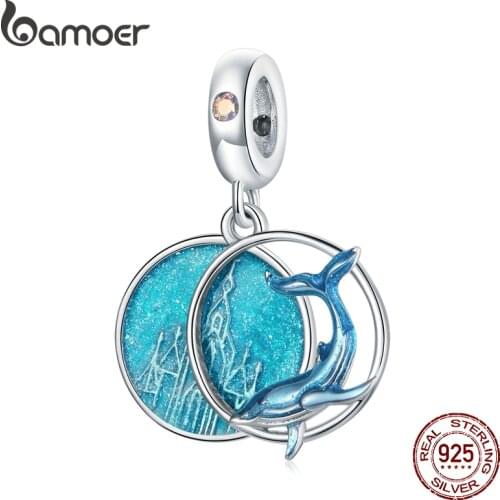 Bamoer 925 Sterling Silver Enamel Undersea Whales Blue Ocean Charm Pendant for Original Bracelet Bangle Women Jewelry BSC434