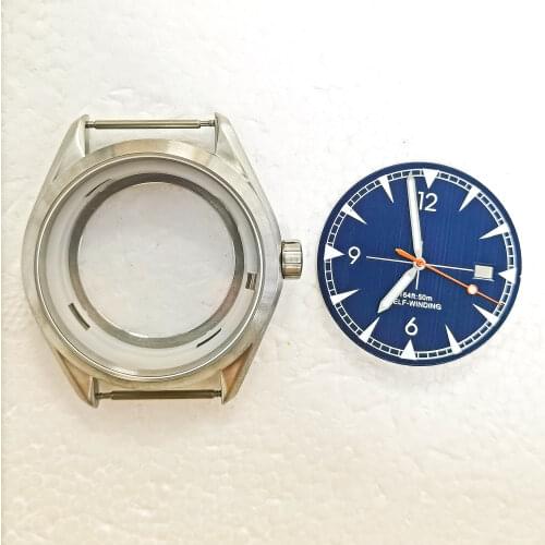 Free Shipping 40MM 316 Stainless Steel Brushed Case Blue Dial And Hands Mans Watch Part Fit NH35 NH36 Automatic Movement