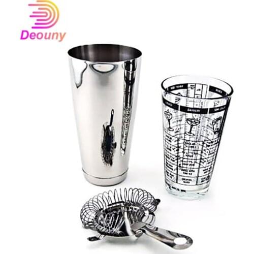 DEOUNY 3Pcs Boston Shaker Silver Glass Measuring Cocktail Shaker Bartender Kit With Strainer Home 700/400ML Bar Accessories Set
