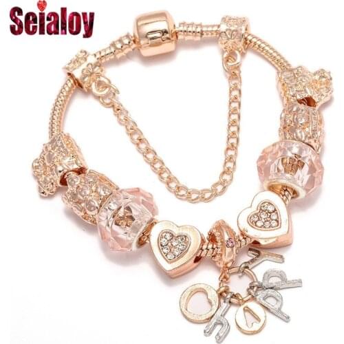 Seialoy Rose Gold Heart Happy Charm Bracelets & Bangles DIY Pink Crystal Bead Bracelets For Women Mom Mothers Day Bracelet Gift