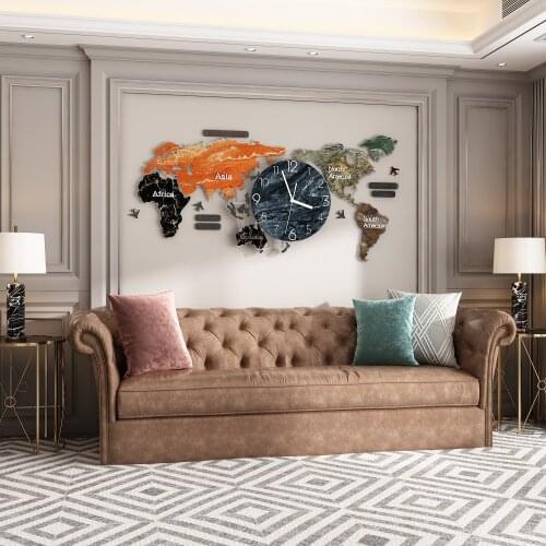 120CM Punch-free DIY Color Paiting World Map Large Wall Clock Modern Design Stickers Silent Watch Home Living Room Kitchen Decor