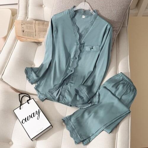 2 Pieces Summer New Satin Woman Pajamas Set Lace Sleepwear Solid Loungewear Intimate Lingerie V-neck Ice Silk Homewear Nightgown