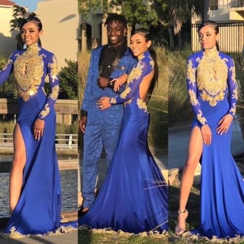 Royal Blue Long Sleeves Mermaid Prom Dresses 2019 for African Black Girls Gold Lace High Neck Backless for Sexy Party Gowns