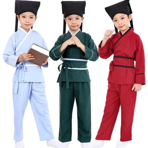 4 Pcs Children Republic of China Student Costume Boy Hanfu Top+pants+belt +hat Girl Chinese Traditional Costume 18