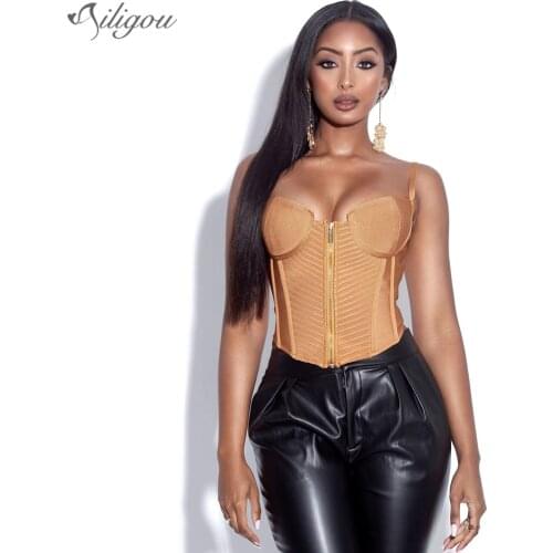 Ailigou 2021 Summer New Womens Celebrity Brown Sleeveless Halter Front Zipper Short Bandage Top Bodycon Sexy Top