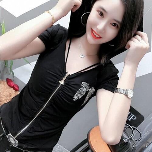 Summer Casual Hooded T-shirt Fashion Diamond Short sleeve V-neck Top Women T Shirt Plus Size M-3XL
