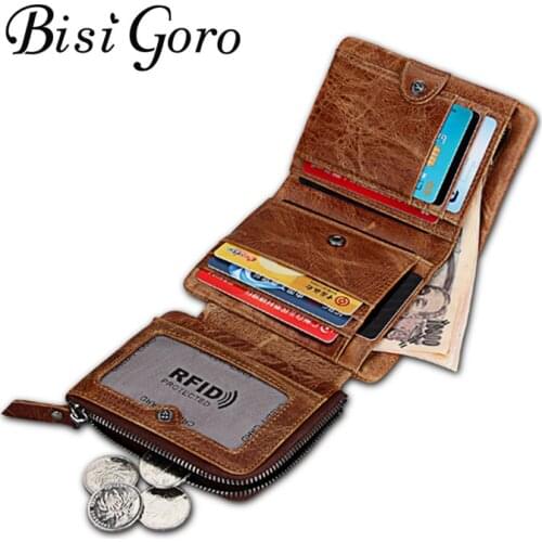 Bisi Goro 2019 Vintage Genuine Leather Men Wallet Crazy Horse Short Coin Purse Small Wallets Zipper Men Cow Leather 3 Colors