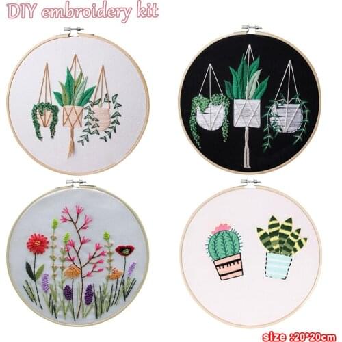 DIY Stamped Embroidery Starter Kit with Flowers Plants Pattern Embroidery Cloth Color Threads Tools Kit 30x30cm