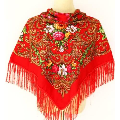 New Fashion Women Printed Square Shawl Russian Women Wedding Scarf Retro Style Lady Tassel Ethnic Paisley Cotton Autumn Scarf