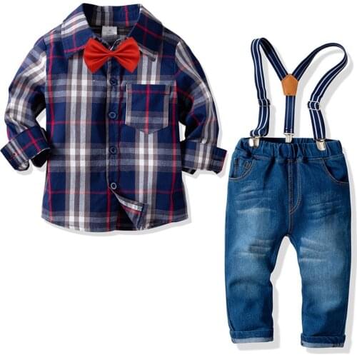 Oklady New Arrival Boys Suit Shirt +pants 4pcs/set Jeans Plaid Cardigan Jacket Gentleman Suit Denim Kids Clothes Set