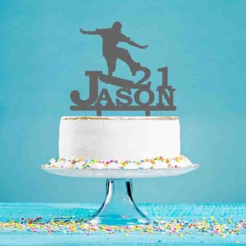 Personalized Birthday Cake Topper Custom Name Age Cowboy Playing Skateboard Silhouette For Birthday Party Cake Decoration Topper