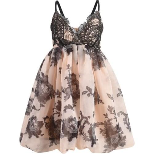 Flower Print A-Line Party Holiday Dresses French Elegant Lace Sexy V-Neck Suspender Backless Puff Mini Dress Kawaii Clothes