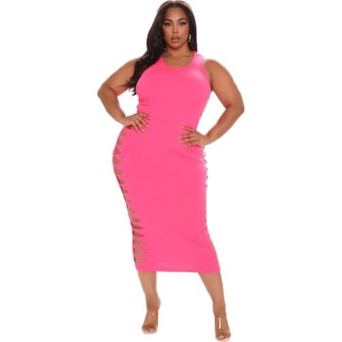Plus Size Midi Bodycon Women Summer New fashion Dress Backless Sexy Wrap Neon sleeveless Dress jurk dames Club Party Sundress