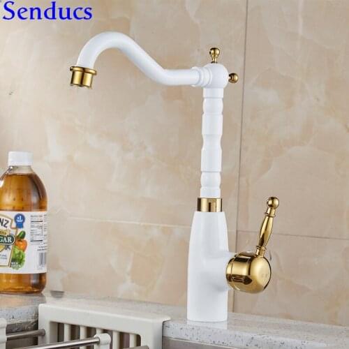 Senducs White Gold Kitchen Faucet Deck Mounted Brass Bathroom Basin Sink Faucet Newly Hot Cold White Gold Basin Mixer Faucet