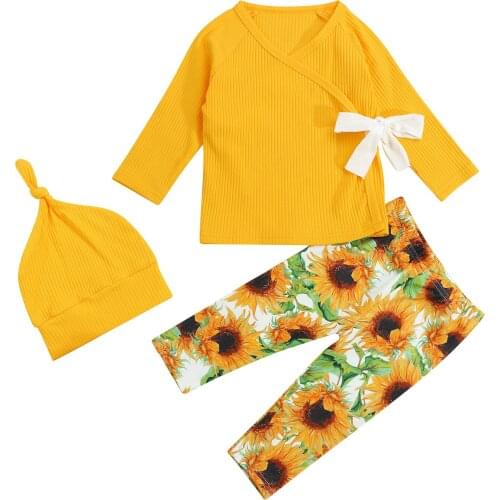 Lioraitiin 0-18M Newborn Infant Baby Girl 3Pcs Tracksuits V-Neck Long Sleeves Tied Tops Sunflower Print Pants Hat Suit
