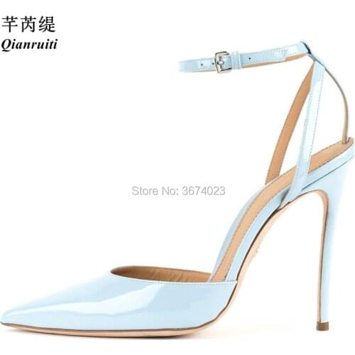 Qianruiti Light Blue Pink High Heels Mujer Pumps Patent Leather Sandals Pointed Toe Stilettos Women Ankle Strap Heels Prom Shoes