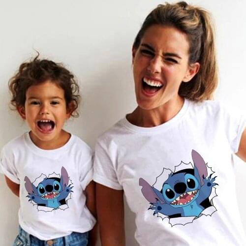Funny Famliy Look T Shirts Fashion Harajuku Cartoon Tops Tshirt Disney Lilo & Stitch Print White T-shirt Family Matching Clothes