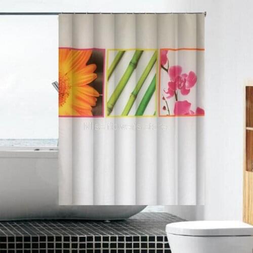 Chinese Style Bamboos & Flowers Pattern Custom Shower Curtain Bathroom Waterproof Mildewproof Polyester Fabric With 12 Hooks