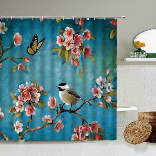 Chinese Style Peach Blossom Butterfly Bird Branch Plant Shower Curtain Blue Background Oil Painting Bathroom Waterproof Screen