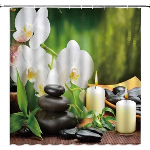 Zen Garden Shower Curtains Spa Green Bamboo Black Stone White Phalaenopsis Flower Candle Pattern Bathroomh Cloth Hanging Curtain