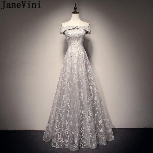 JaneVini Off Shoulder Gray Long Prom Dresses 2019 Beaded Lace Elegant Tulle Women Formal Dress Party Wear Gowns Galajurken Lang