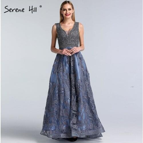 Dubai Design Blue A-Line Prom Dresses 2020 Crystal Sleeveless Luxury Prom Dress Long Real Photo DLA60839