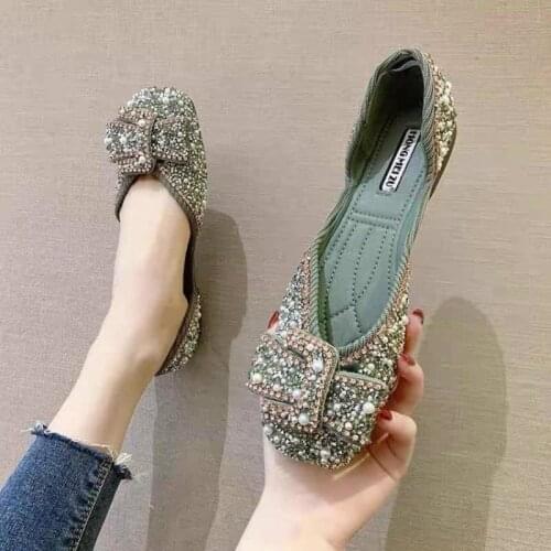 Spring Bow Flats Shoes Ladies Crystal Diamond Dress Flats Womens Bow Sequins Shoes Rhinestone Glitter Square Toe Ballet Flats