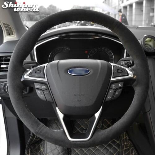 Shining wheat Black Suede Black Genuine Leather Car Steering Wheel Cover for Ford Mondeo Fusion 2013-2019 EDGE 2015-2019