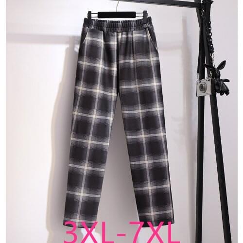 New autumn winter plus size pants for women large casual loose elastic waist straight plaid long trousers gray 4XL 5XL 6XL 7XL
