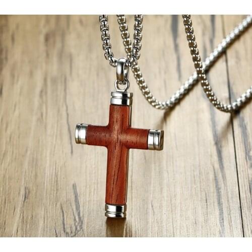Wood Cross Pendant Necklace in Stainless Steel Crucifix Mens Necklace Personalize Gift