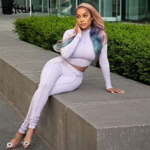 FQLWL Summer Streetwear Solid Bodycon 2 Two Piece Sets Women Outfits Long Sleeve Crop Top Pants Suits Casual Tracksuit Women