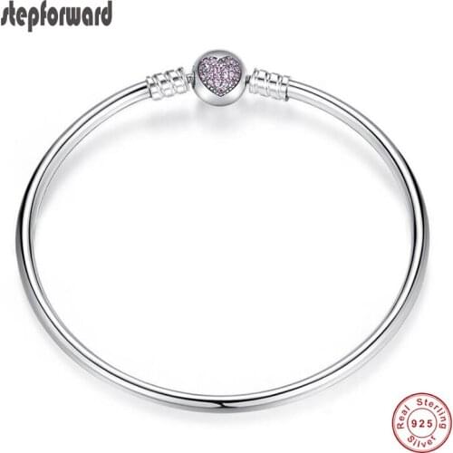 Good Quality 925 Sterling Silver Pink Stone Pave Heart Clasp Charm Bracelet Fashion Jewelry CZ Bracelets For Women Gift