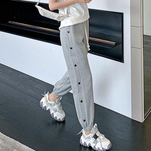 Jielur Fashion Gray Black Joggers Womens Pants 2021 Summer Loose Side Button Ankle-length Pants Casual Drawstring Pants S-XL