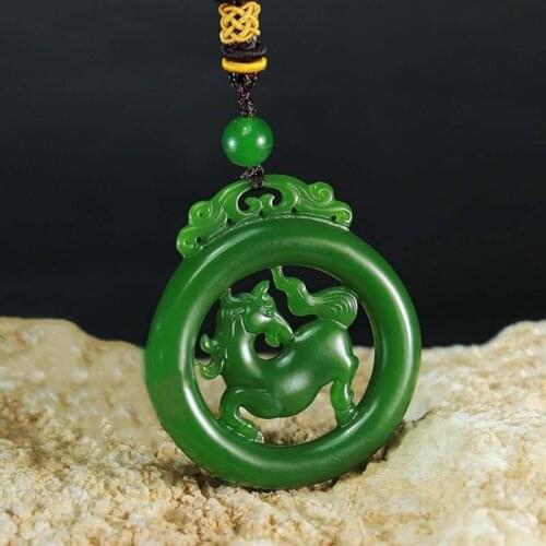 Chinese Green Jade Horse Jade Pendant Jewelry Lucky Exorcise evil spirits Safety Charms Jade Fine Jewelry Necklace Pendant