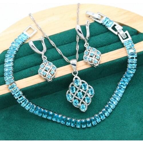 Classic 925 Silver Jewelry Sets For Women Birthday Blue Zircon Bridal Bracelet Earrings Necklace Wedding Pendant 3PCS